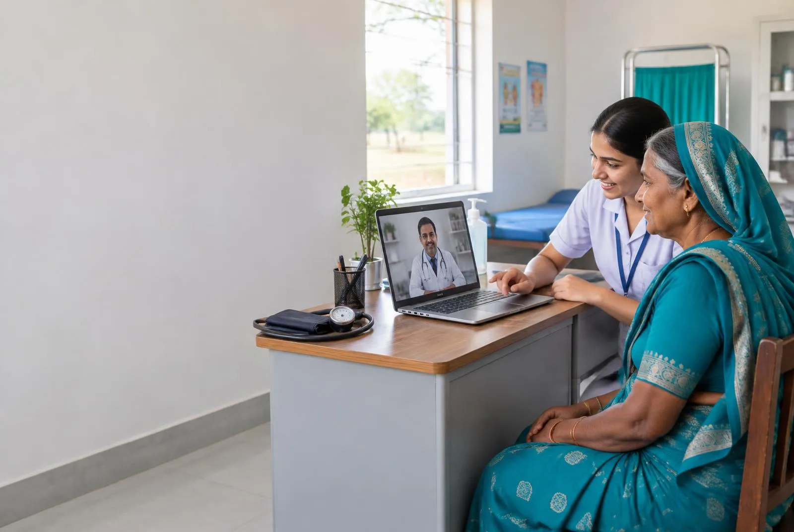 AI-created illustration of a patient assisted by a healthcare worker during a digital doctor consultation at a rural healthcare centre