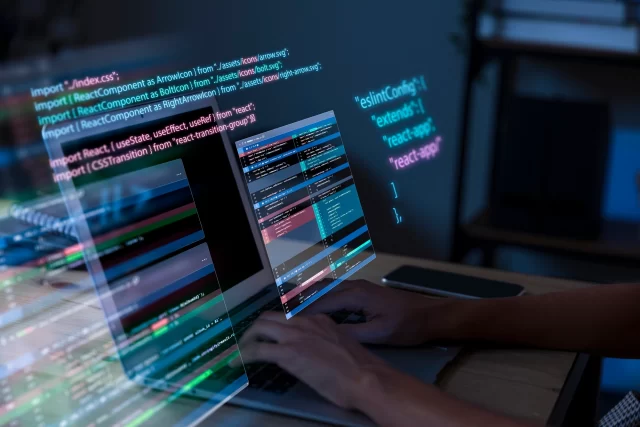 programming background with person working with codes computer